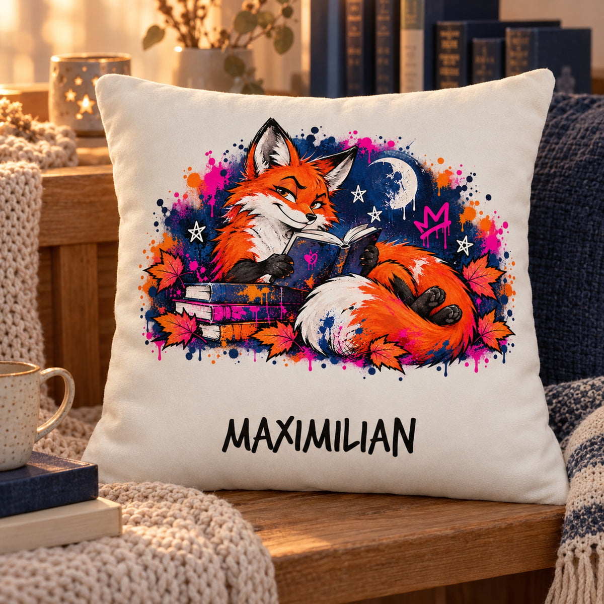 Personalisierter Bücherfuchs-Kissenbezug Nachtlektüre, 40 × 40 cm – Leseecke mit Beispielname Maximilian