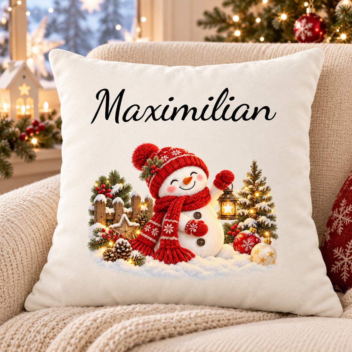 Schneemann-Kissenbezug Laternenzauber, Bild 2, mit Beispielname Maximilian