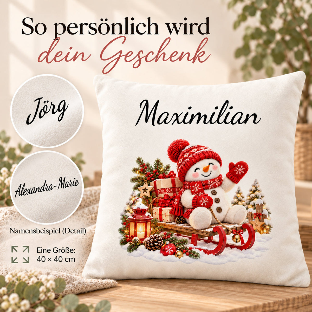 Schneemann-Kissenbezug Schlittenfahrt, Bild 5, mit Beispielname Maximilian
