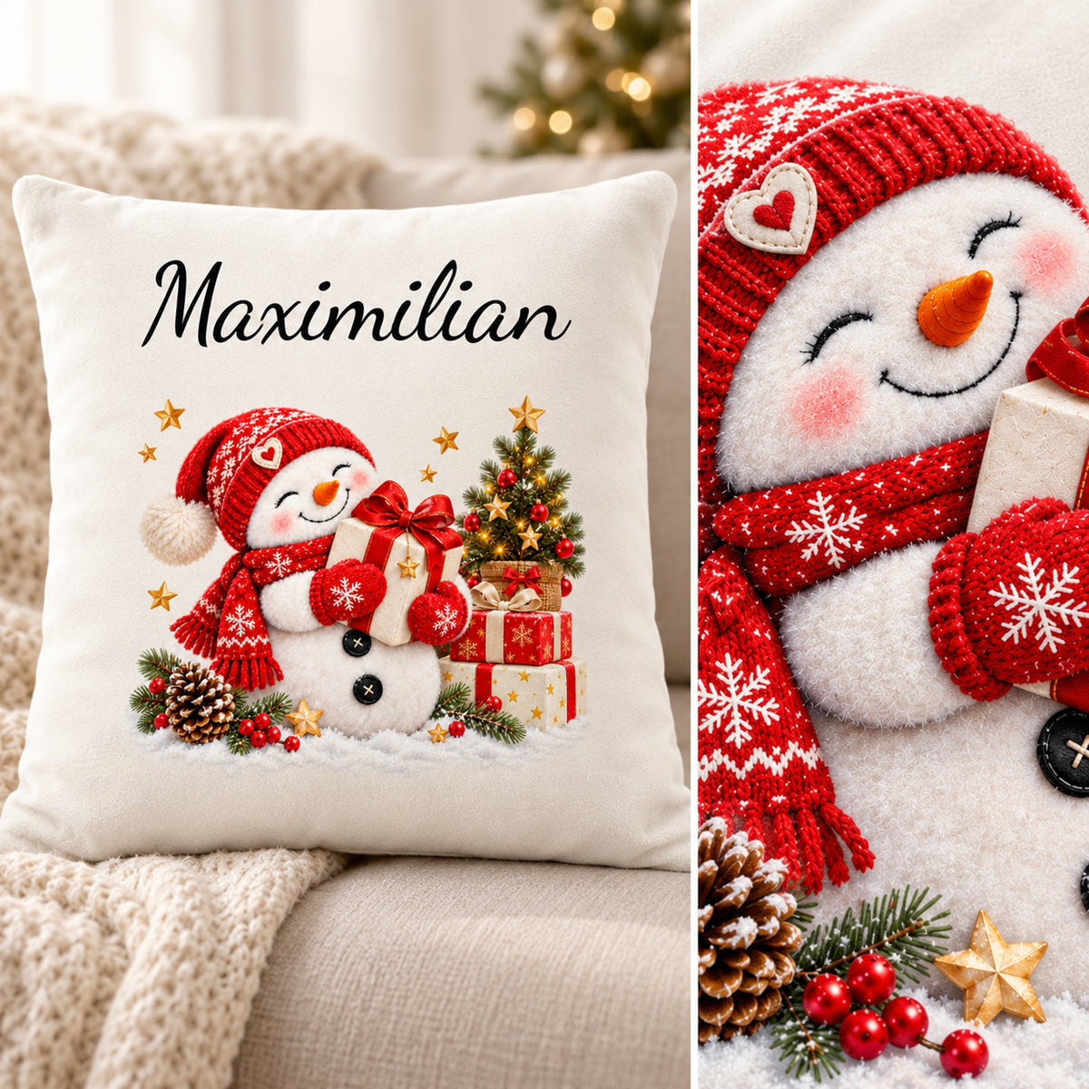 Schneemann-Kissenbezug Geschenkfreude, Bild 6, mit Beispielname Maximilian