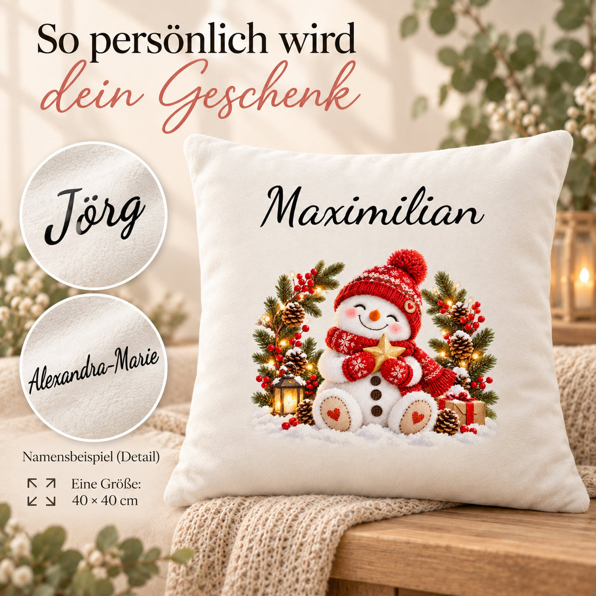 Schneemann-Kissenbezug Winterkranz, Bild 5, mit Beispielname Maximilian