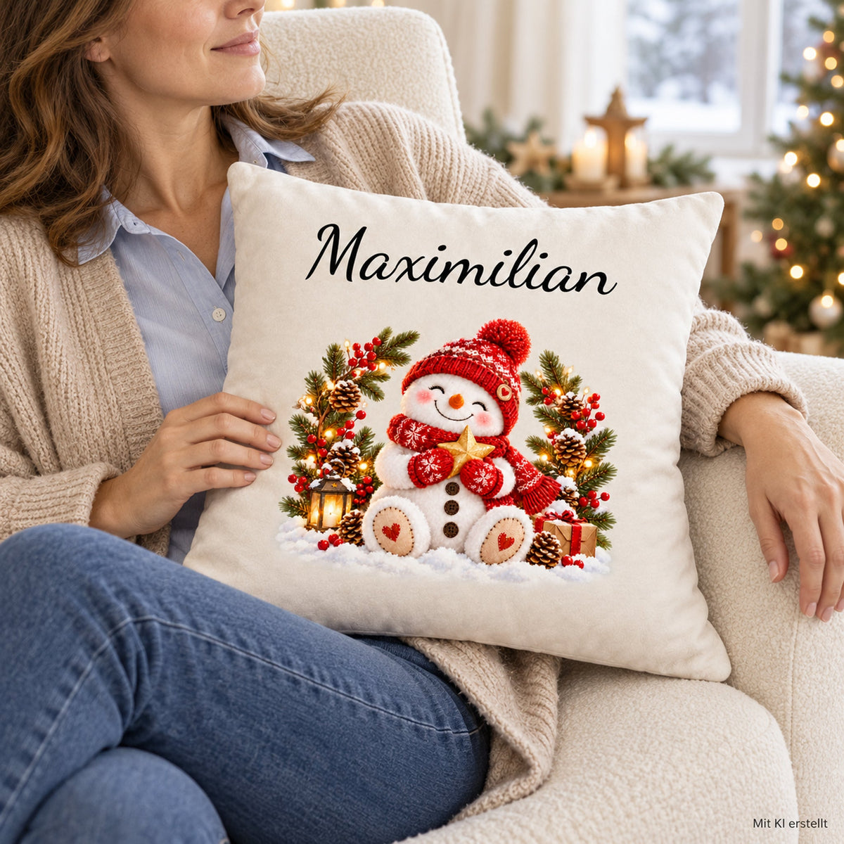 Schneemann-Kissenbezug Winterkranz, Bild 7, mit Beispielname Maximilian