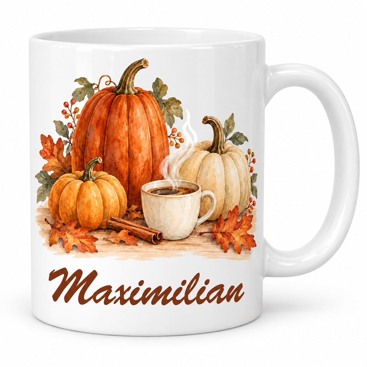 Hauptbild: weiße personalisierte Herbst-Tasse mit Motiv Kürbistrio mit Zimtduft und Beispielname Maximilian