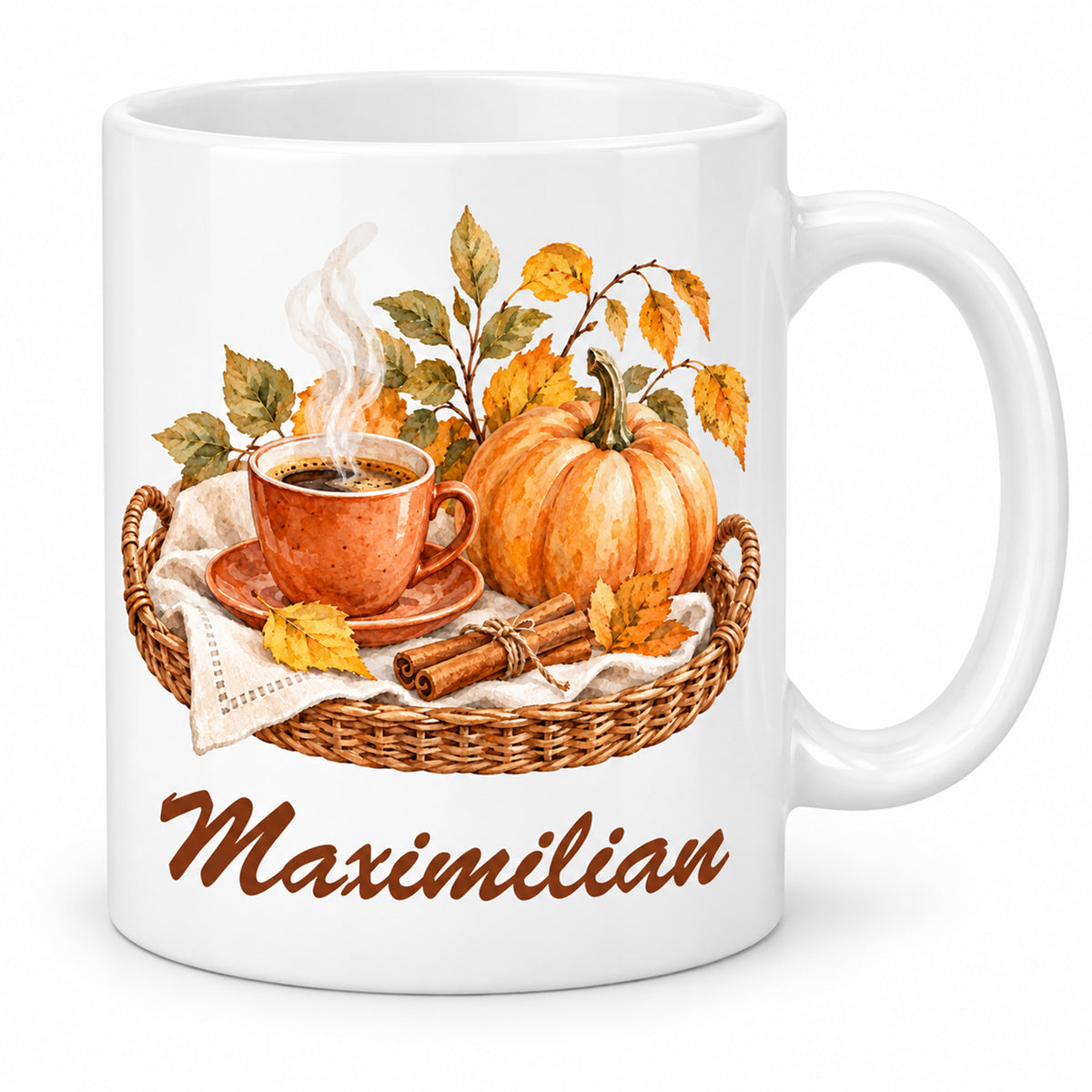 Hauptbild: weiße personalisierte Herbst-Tasse mit Motiv Warmer Herbst auf dem Tablett und Beispielname Maximilian