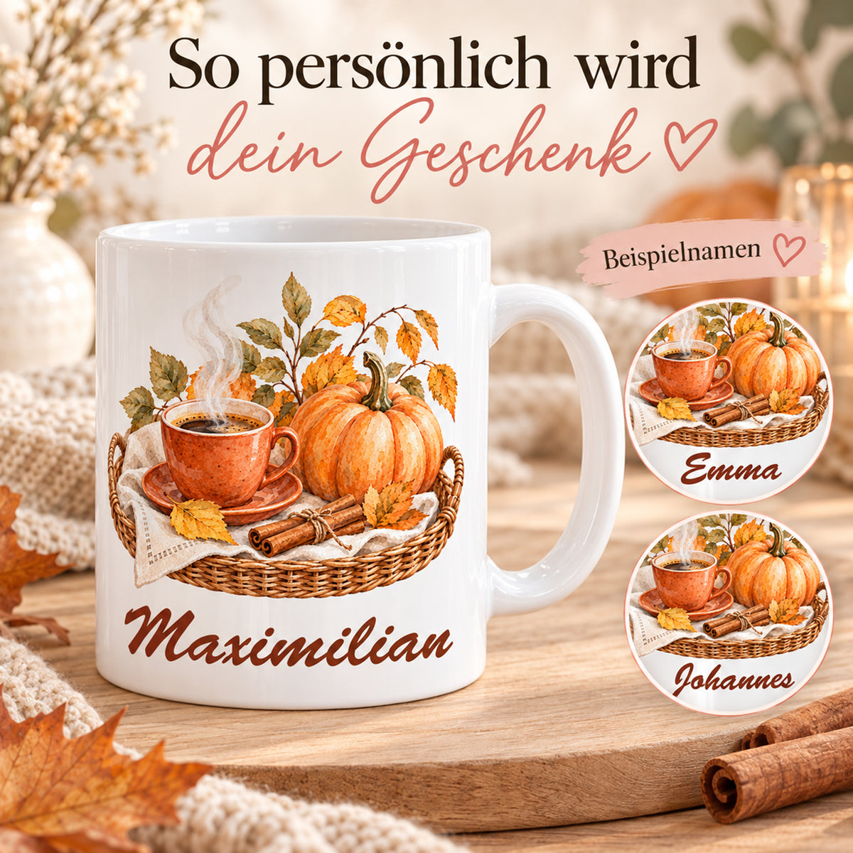 Personalisierung: weiße personalisierte Herbst-Tasse mit Motiv Warmer Herbst auf dem Tablett und gekennzeichneten Beispielnamen