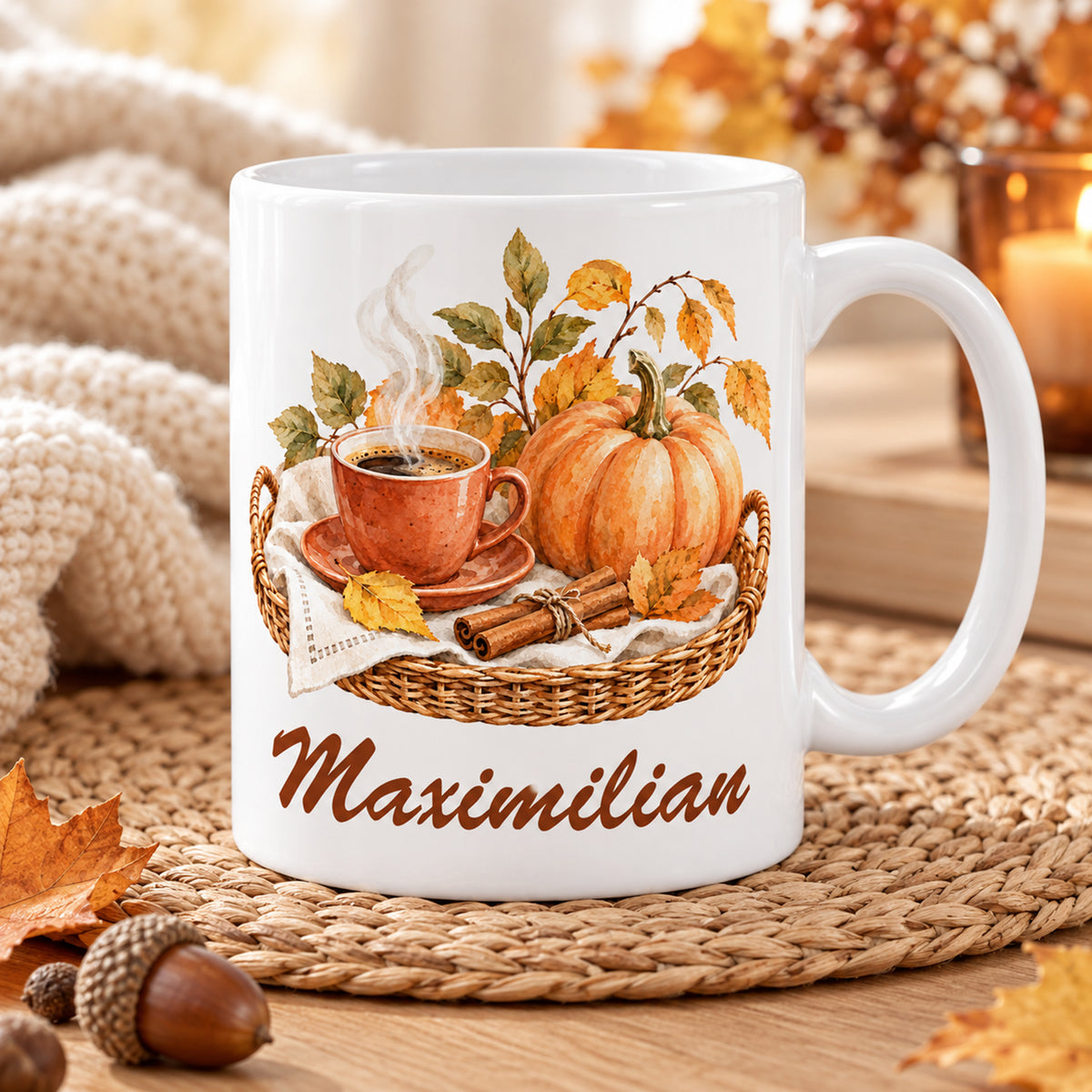 Herbstliche Kaffeepause: weiße personalisierte Herbst-Tasse mit Motiv Warmer Herbst auf dem Tablett und Beispielname Maximilian