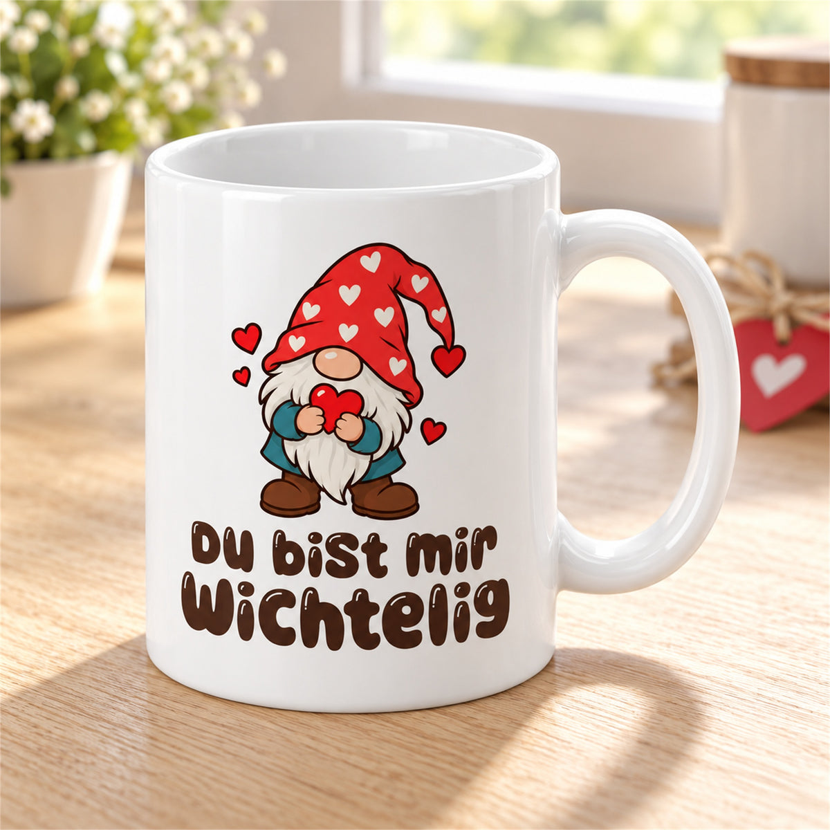 Weiße Wichteltasse mit dem Spruch „Du bist mir wichtelig“ – Ansicht 3