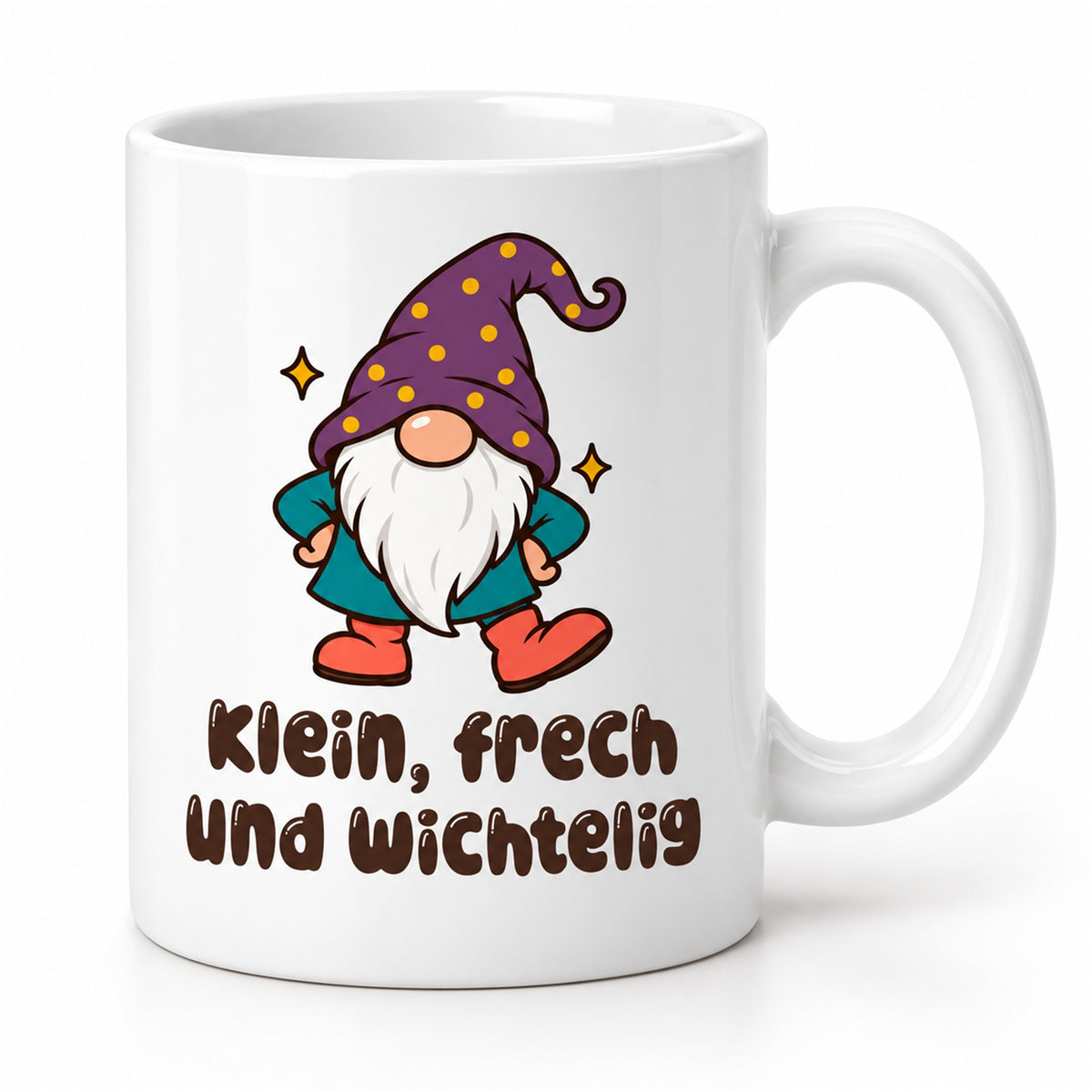 Weiße Wichteltasse mit dem Spruch „Klein, frech und wichtelig“ – Ansicht 1