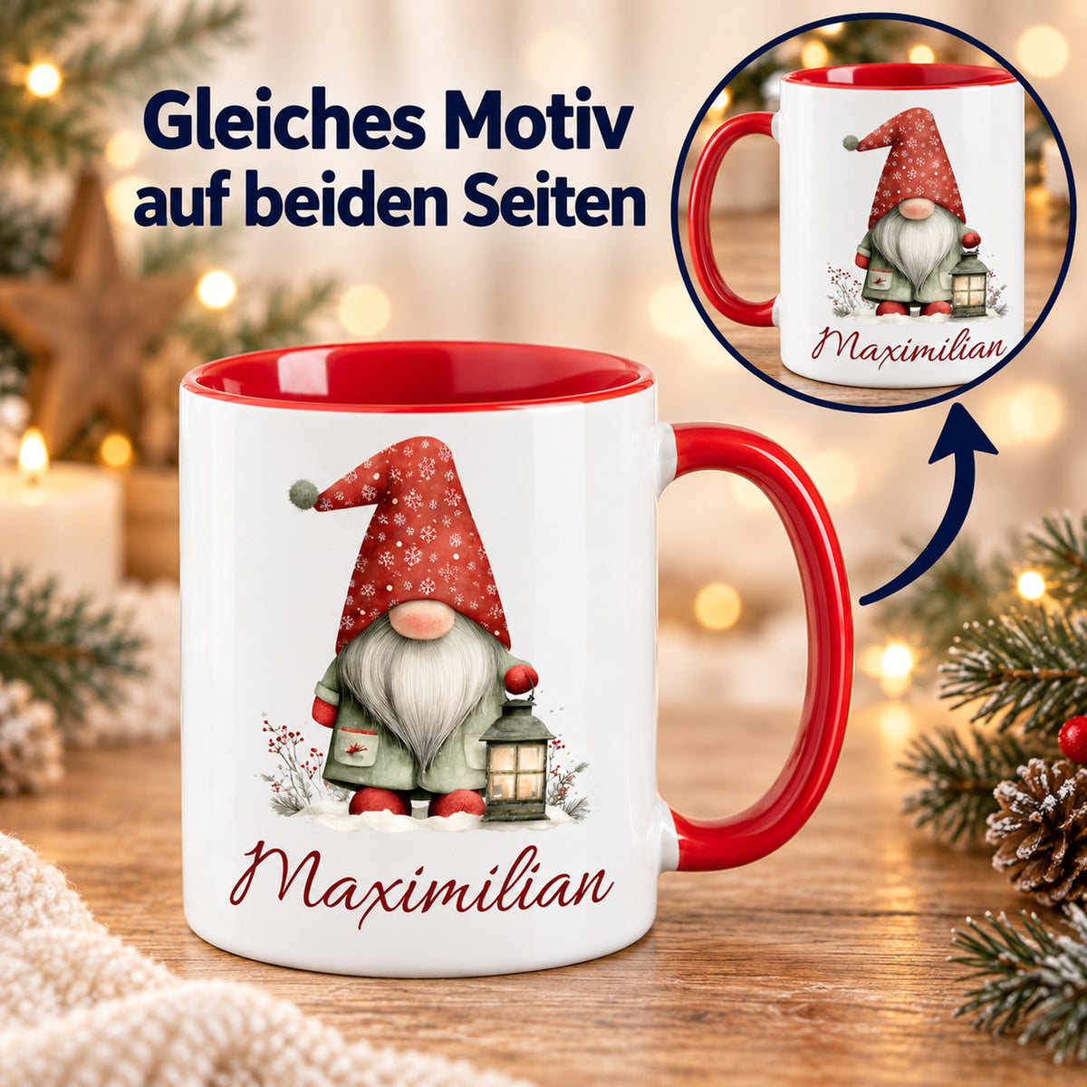 Personalisierte Weihnachtswichtel-Tasse Laternenlicht mit roter Innenseite und rotem Henkel – beidseitiger Druck mit Detailansicht