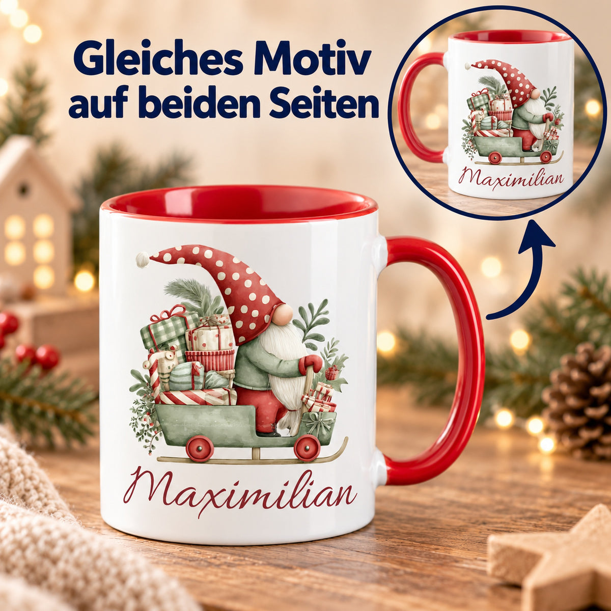 Personalisierte Weihnachtswichtel-Tasse Geschenkschlitten mit roter Innenseite und rotem Henkel – beidseitiger Druck mit Detailansicht