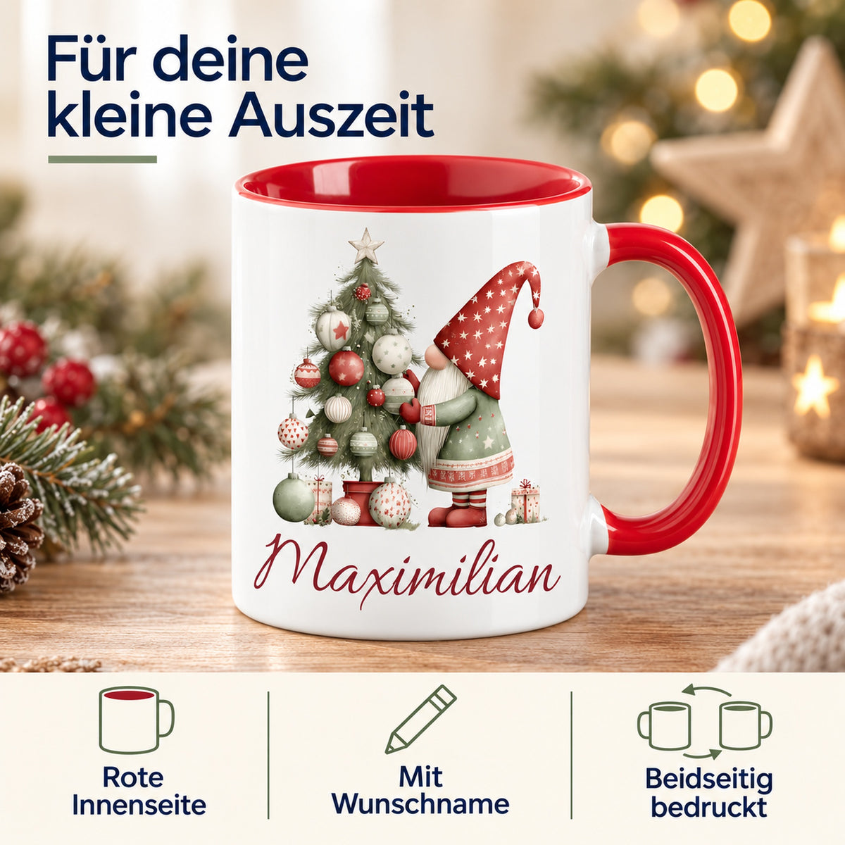 Personalisierte Weihnachtswichtel-Tasse Weihnachtsbaum mit roter Innenseite und rotem Henkel – Produktdetails: rote Innenseite, Wunschname, beidseitiger Druck