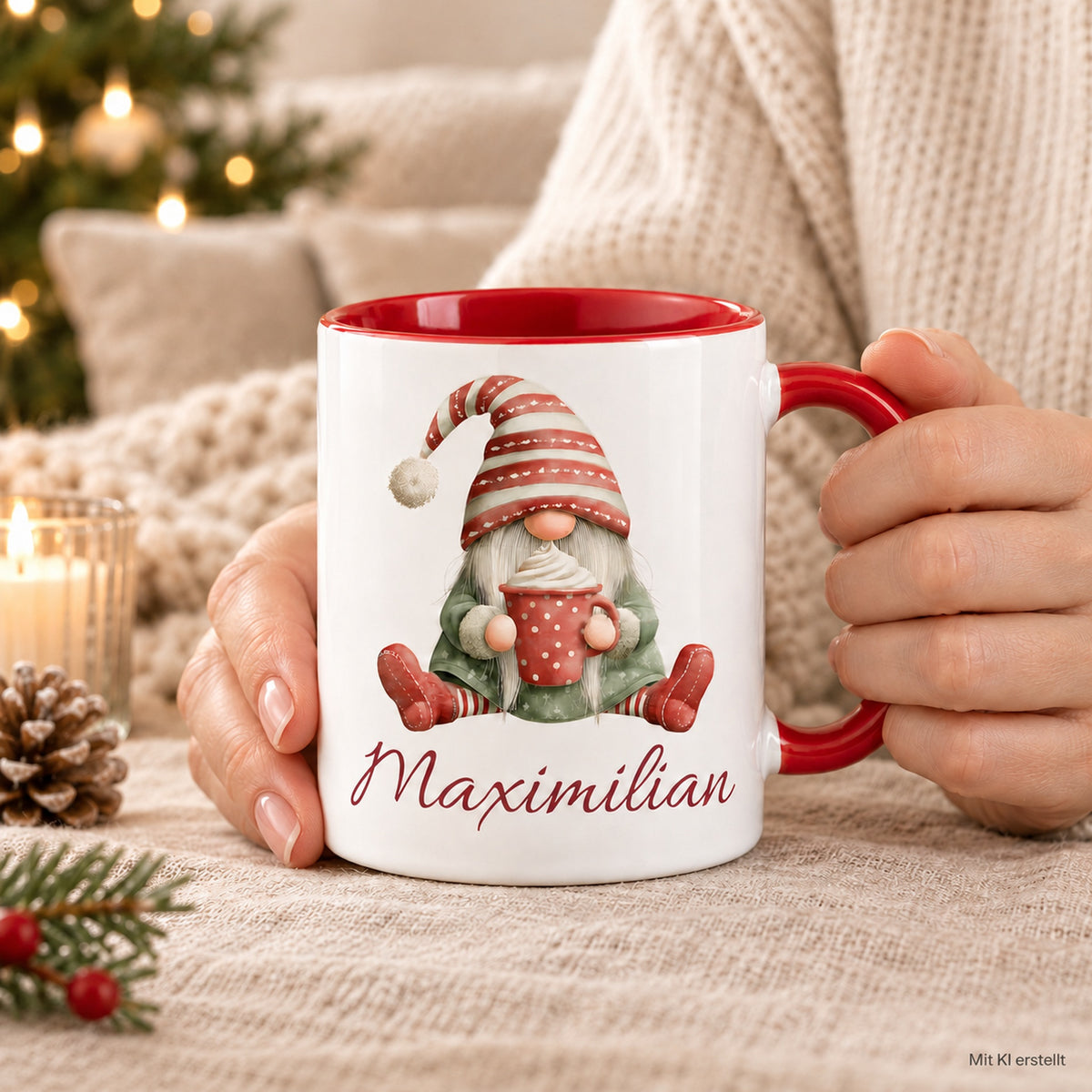 Personalisierte Weihnachtswichtel-Tasse Kakaozeit mit roter Innenseite und rotem Henkel – in erwachsenen Händen, mit KI erstellt