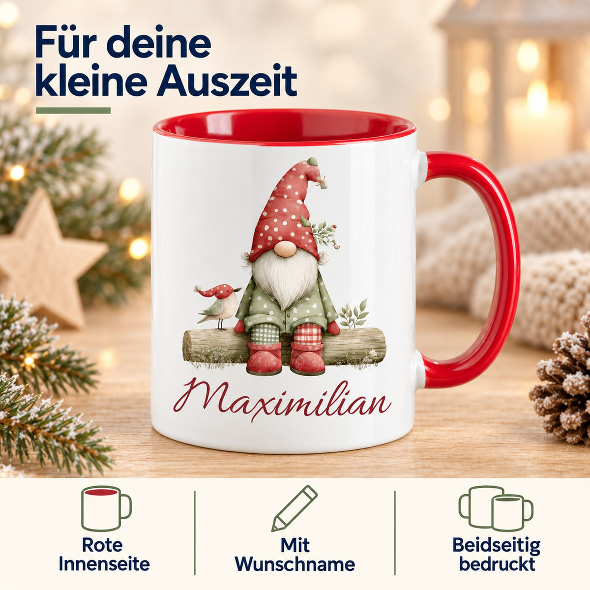 Personalisierte Weihnachtswichtel-Tasse Wintervogel mit roter Innenseite und rotem Henkel – Produktdetails: rote Innenseite, Wunschname, beidseitiger Druck