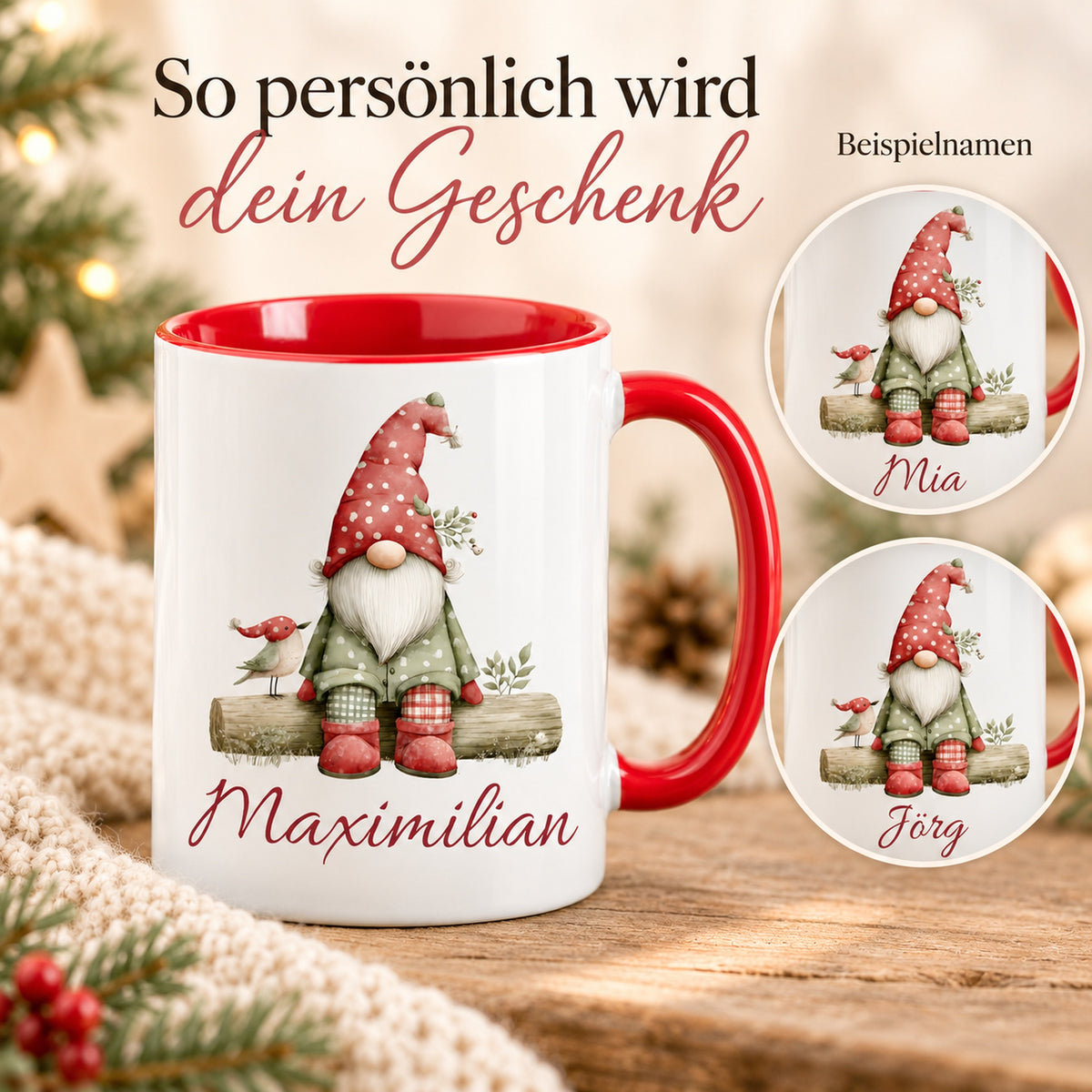Personalisierte Weihnachtswichtel-Tasse Wintervogel mit roter Innenseite und rotem Henkel – Namensbeispiele Maximilian, Mia und Jörg
