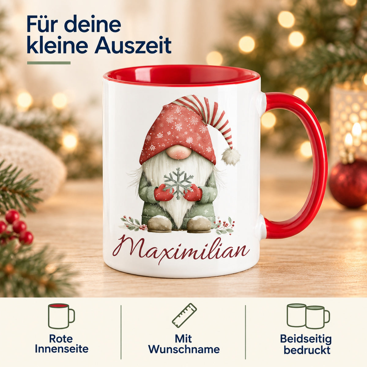 Personalisierte Weihnachtswichtel-Tasse Schneeflocke mit roter Innenseite und rotem Henkel – Produktdetails: rote Innenseite, Wunschname, beidseitiger Druck