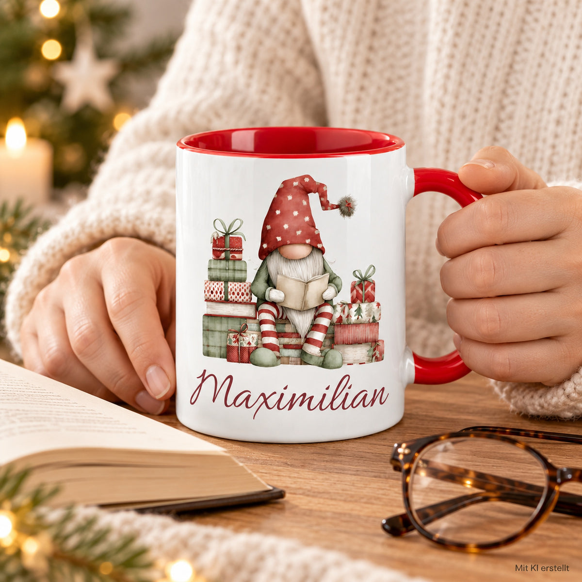 Personalisierte Weihnachtswichtel-Tasse Gemütliche Lesestunde mit roter Innenseite und rotem Henkel – in erwachsenen Händen, mit KI erstellt