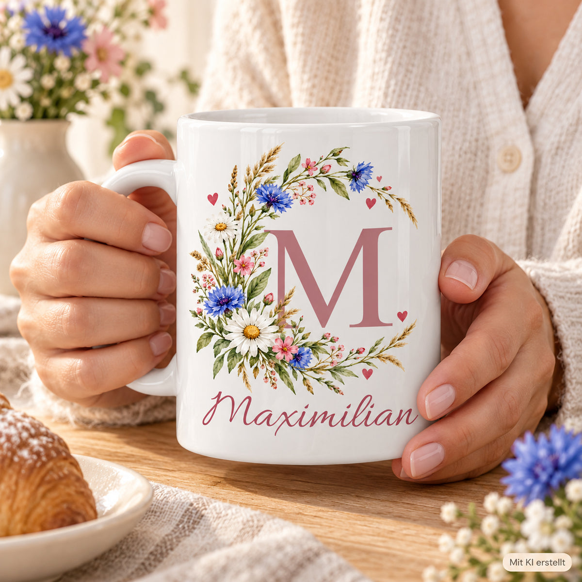 Weiße personalisierte Keramiktasse Wiesenbogen mit floralem Monogramm – Nutzungsszene