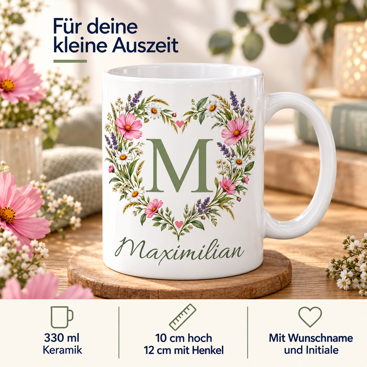 Weiße personalisierte Keramiktasse Blütenherz mit floralem Monogramm – Eigenschaften