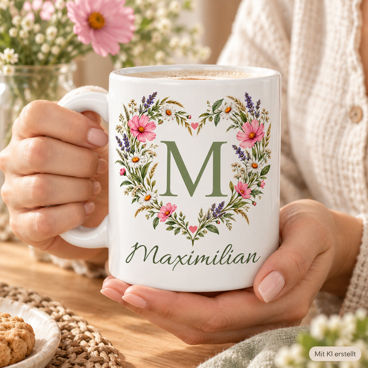 Weiße personalisierte Keramiktasse Blütenherz mit floralem Monogramm – Nutzungsszene
