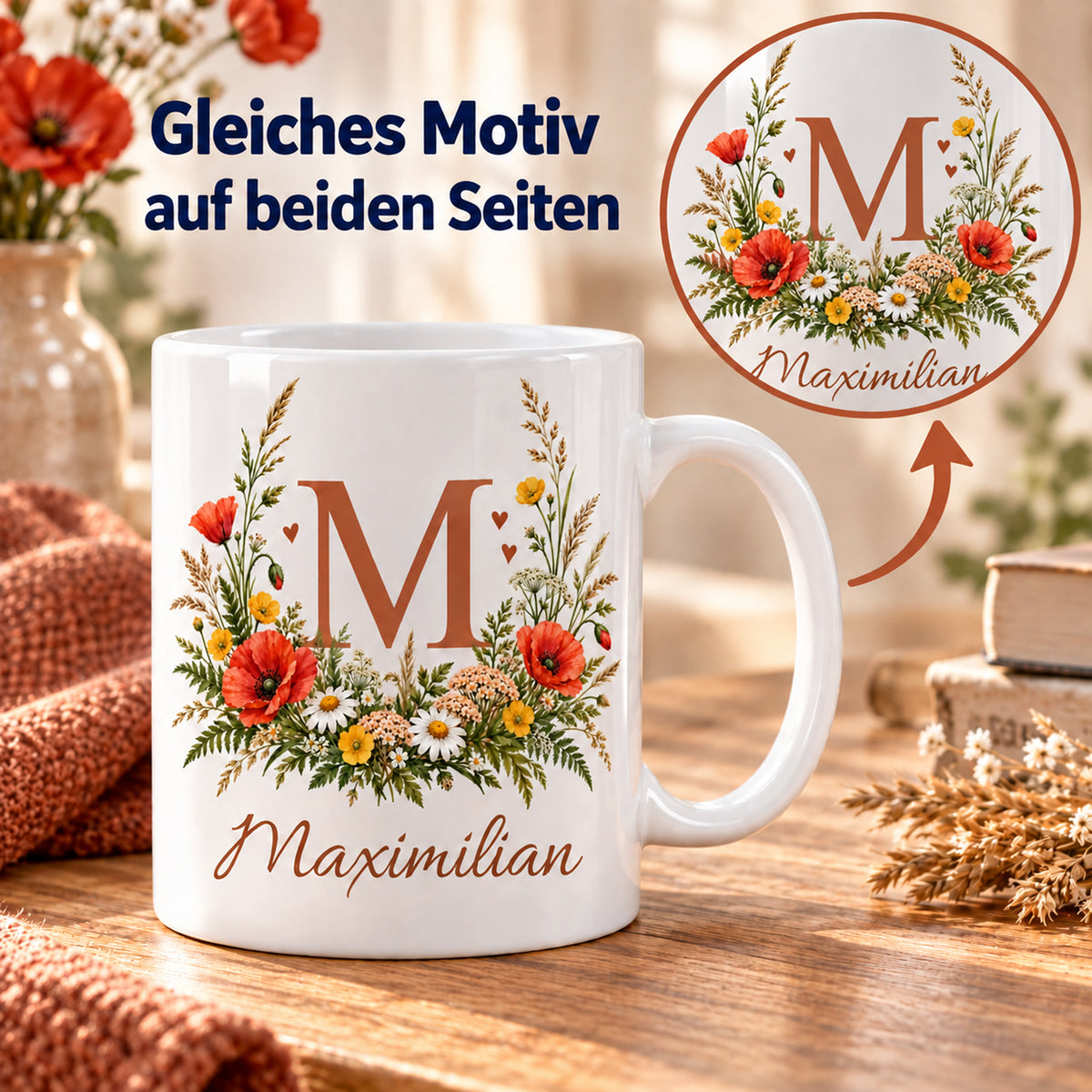 Weiße personalisierte Keramiktasse Wiesenstrauß mit floralem Monogramm – Beidseitiger Druck