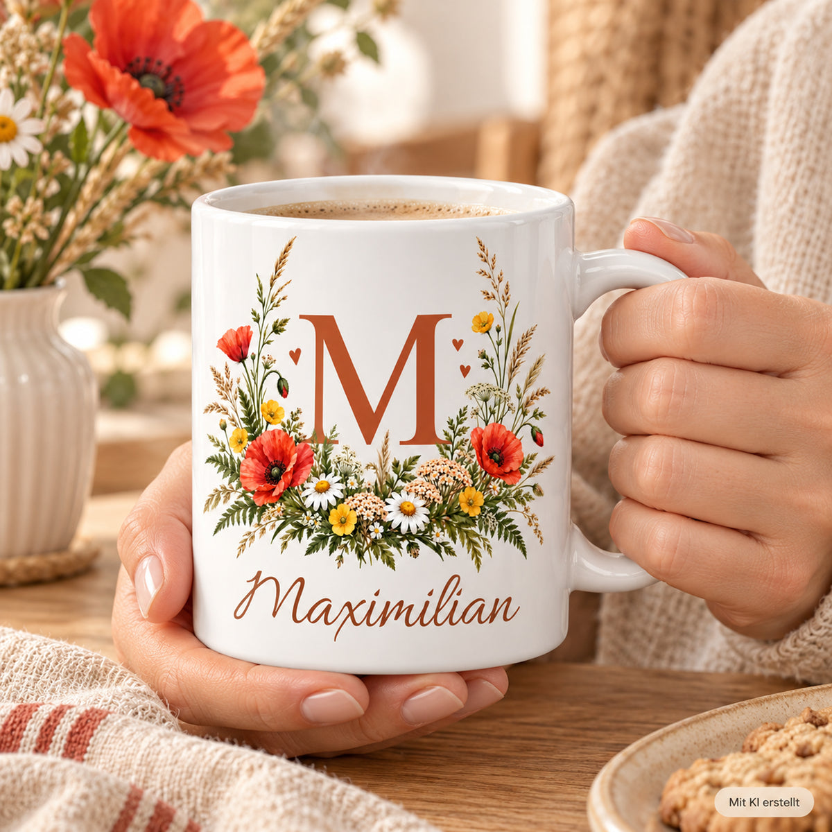 Weiße personalisierte Keramiktasse Wiesenstrauß mit floralem Monogramm – Nutzungsszene