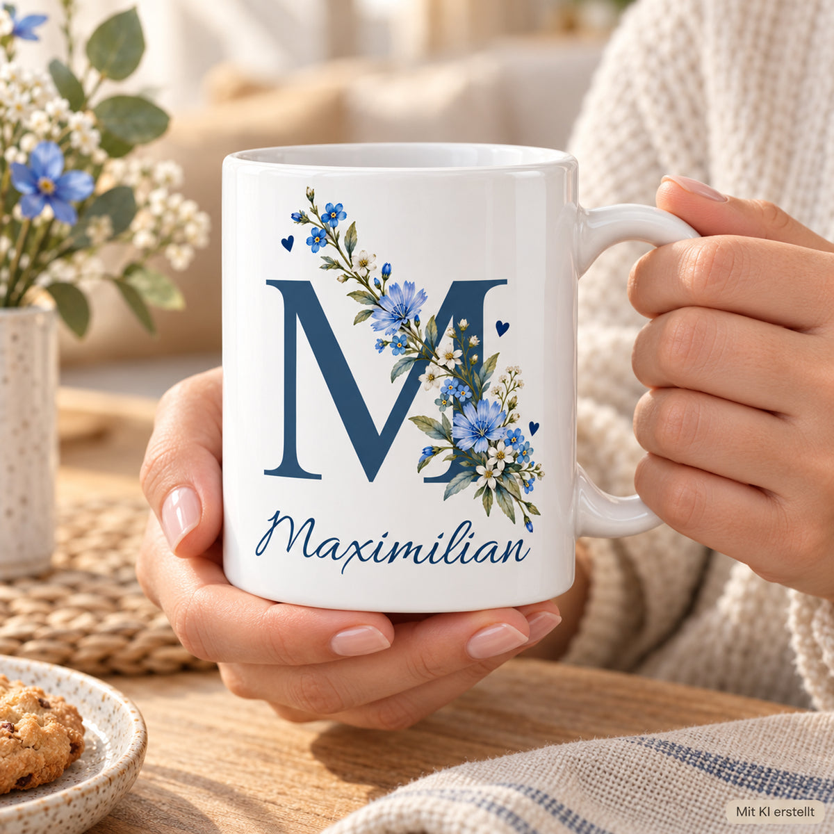 Weiße personalisierte Keramiktasse Blaue Blütenranke mit floralem Monogramm – Nutzungsszene