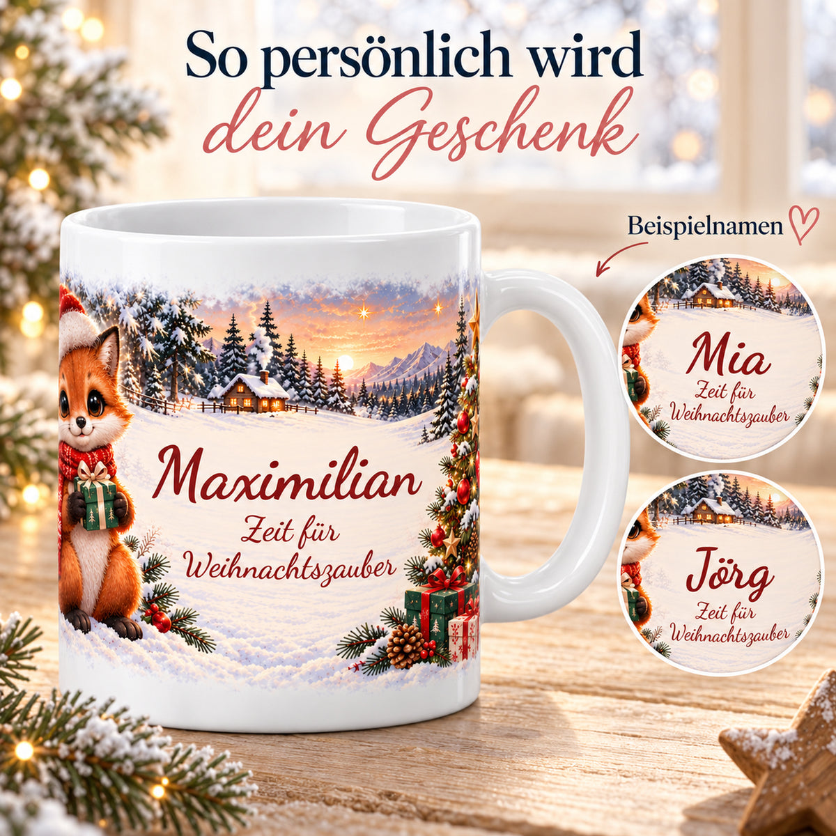 Weihnachtstasse Fuchs mit Namen – Keramik, 330 ml – 05-personalization