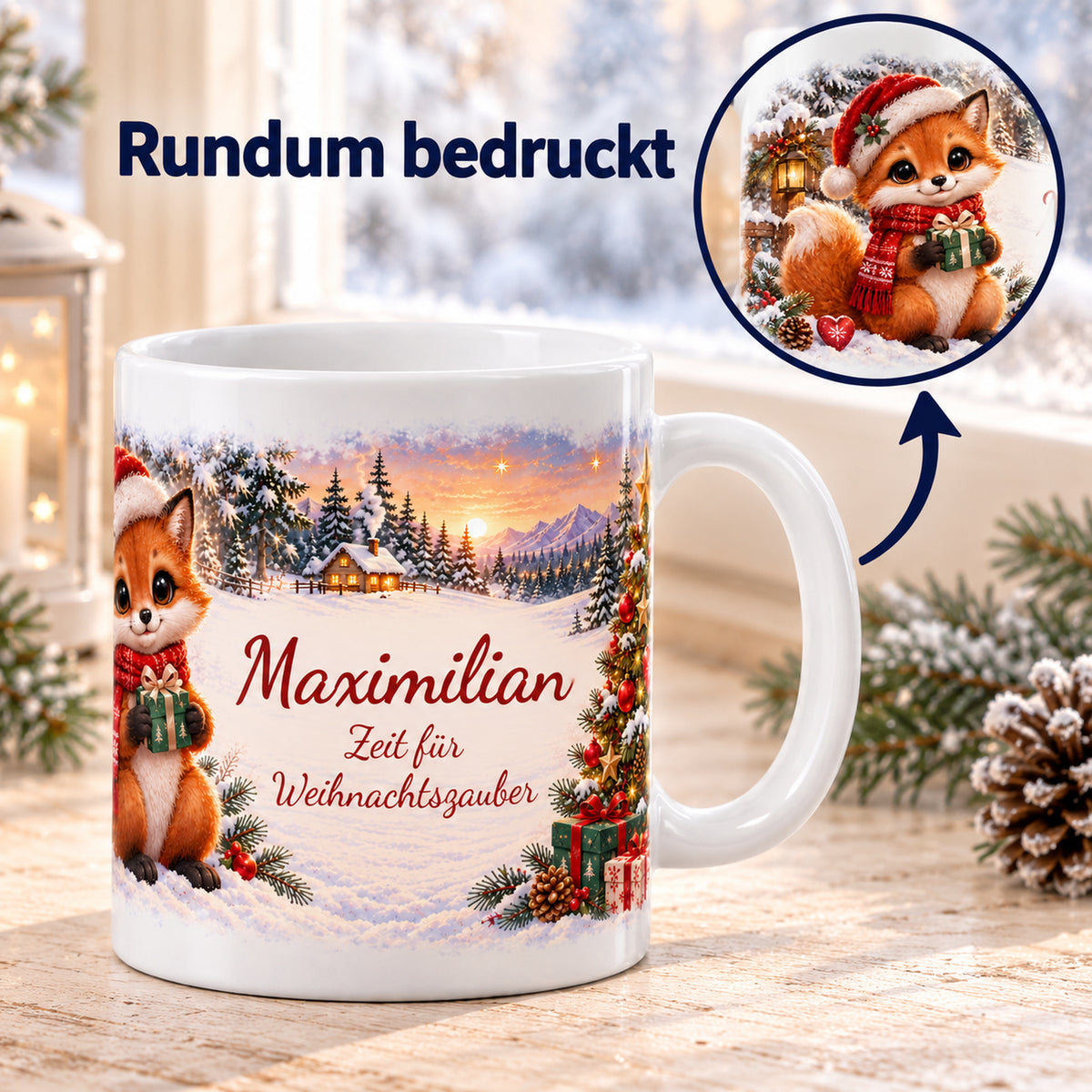 Weihnachtstasse Fuchs mit Namen – Keramik, 330 ml – 06-two-views
