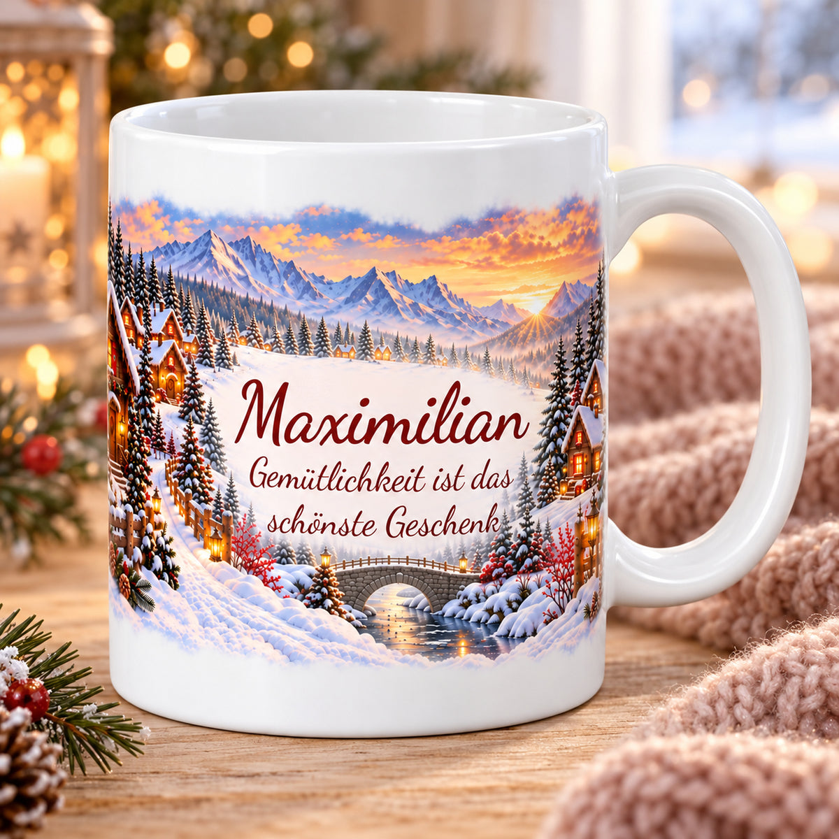 Weihnachtstasse Weihnachtsdorf mit Namen – Keramik, 330 ml – 03-three-quarter-view