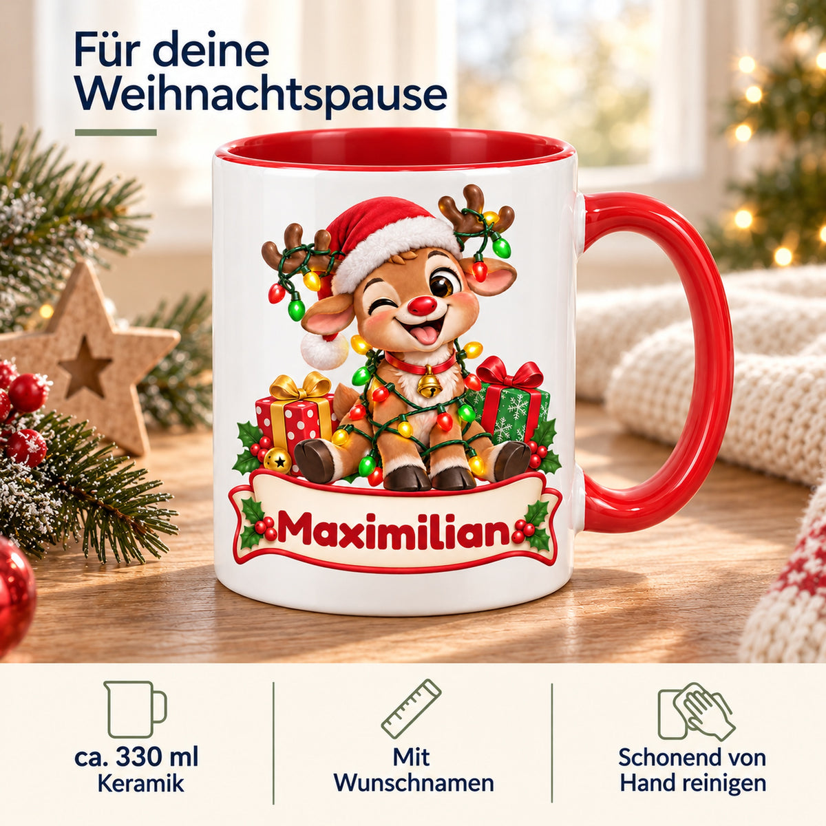 Personalisierte Weihnachtstasse Rentier im Lichterketten-Knoten, außen weiß mit rotem Henkel und roter Innenseite – Produktdetails mit 330 ml, Keramik und Wunschname.