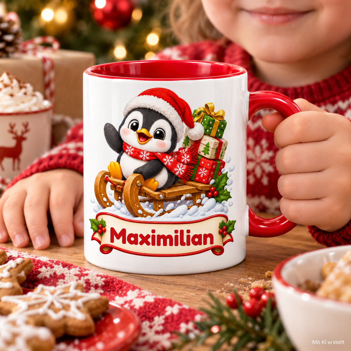 Personalisierte Weihnachtstasse Pinguin auf Geschenkeschlitten, außen weiß mit rotem Henkel und roter Innenseite – Tasse in Händen in einer Weihnachtsszene.