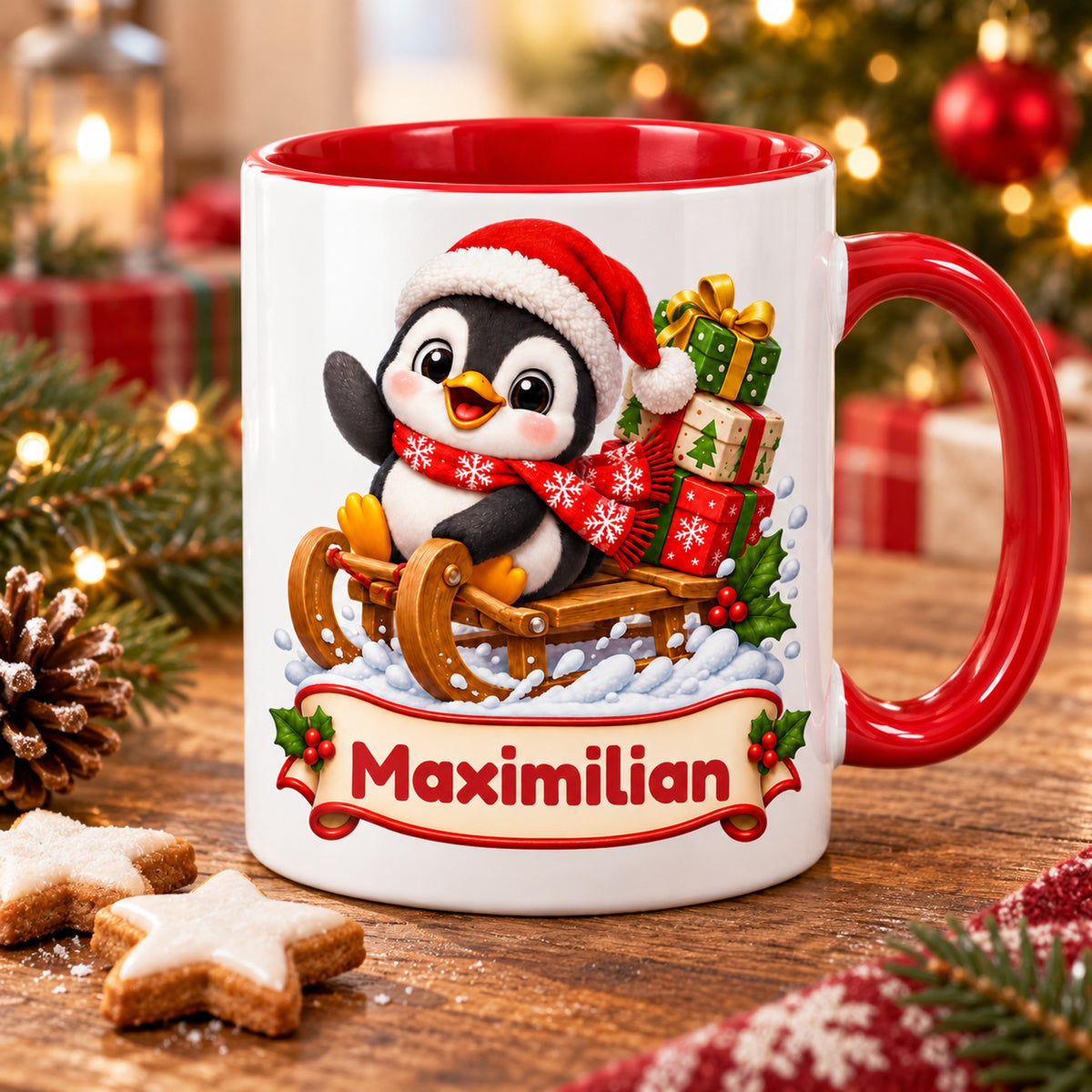 Personalisierte Weihnachtstasse Pinguin auf Geschenkeschlitten, außen weiß mit rotem Henkel und roter Innenseite – Tasse in weihnachtlicher Dekoration.