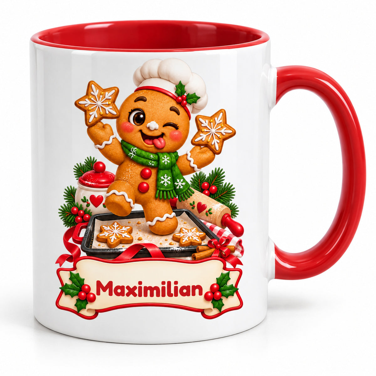 Personalisierte Weihnachtstasse Lebkuchenmann beim Backen, außen weiß mit rotem Henkel und roter Innenseite – Produktfoto vor weißem Hintergrund.
