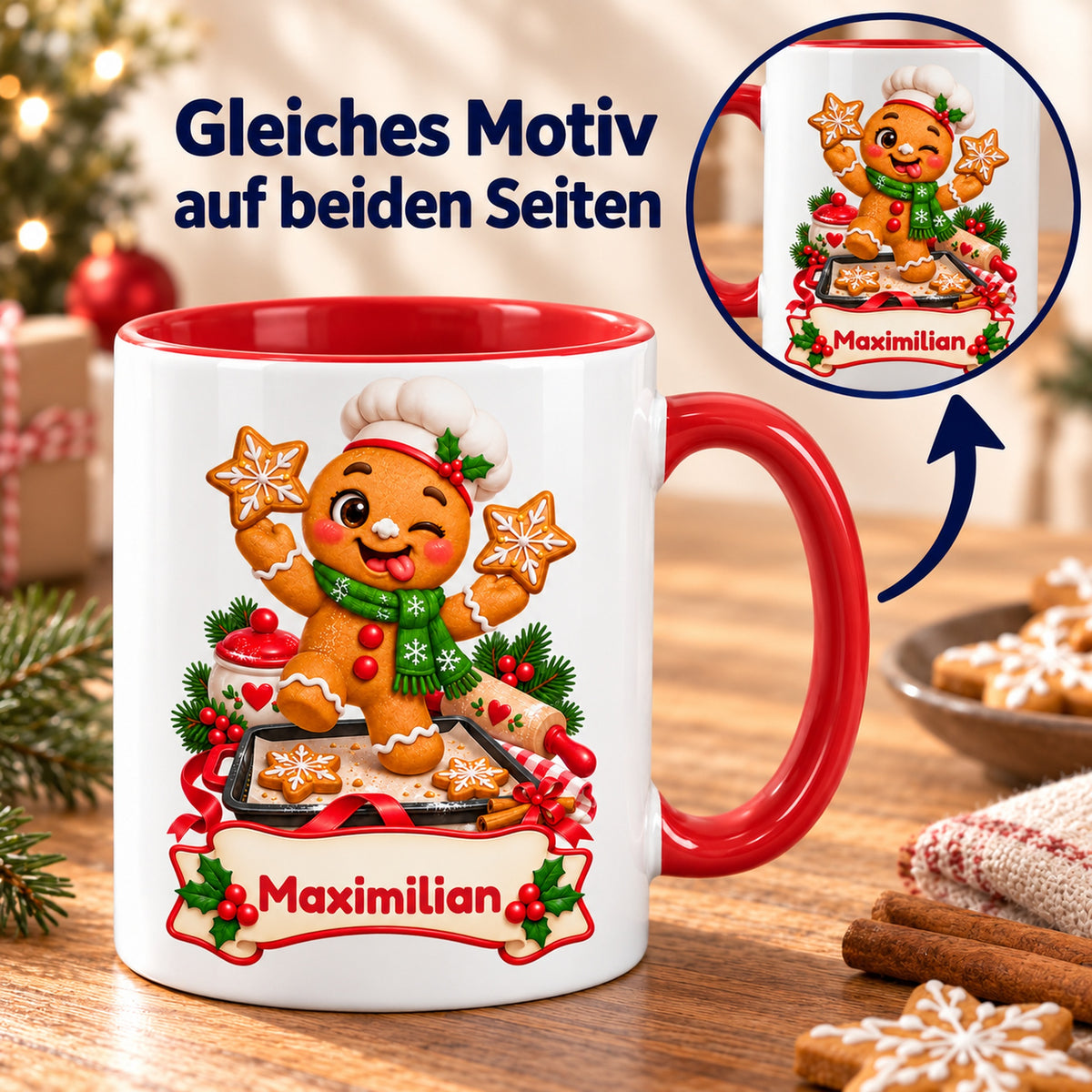 Personalisierte Weihnachtstasse Lebkuchenmann beim Backen, außen weiß mit rotem Henkel und roter Innenseite – beidseitiger Druck mit Detailansicht.
