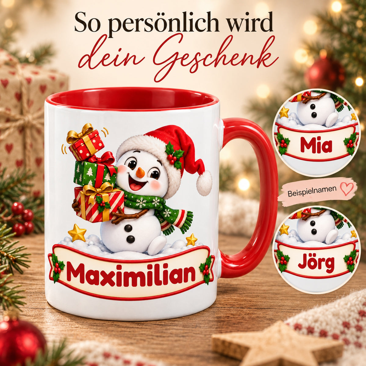 Personalisierte Weihnachtstasse Schneemann mit schiefer Mütze, außen weiß mit rotem Henkel und roter Innenseite – Personalisierung mit Maximilian, Mia und Jörg.