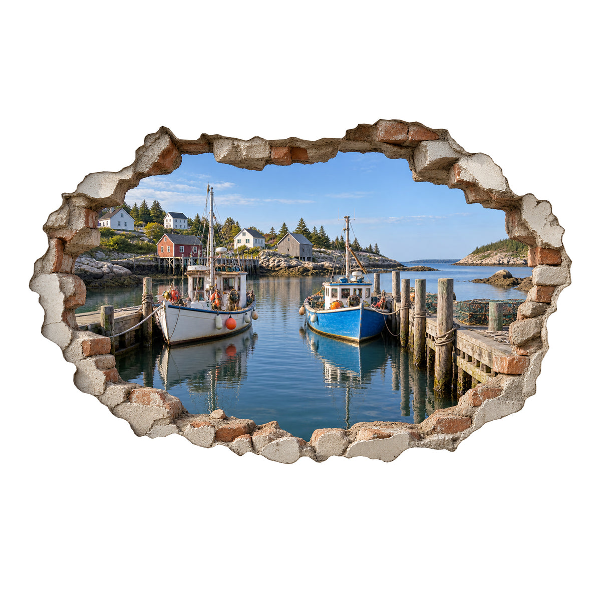 Wandtattoo Fischereihafen mit Wanddurchbruch-Effekt – Ansicht 1