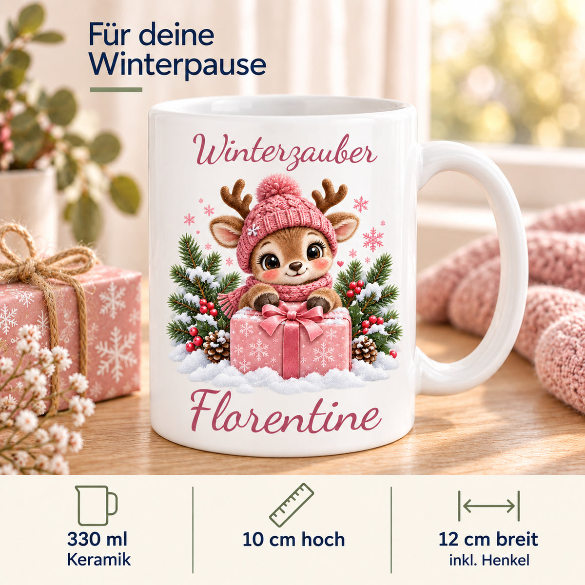 Tasse Rentier mit Namen – Mit Geschenk Rosa – Produktansicht 4, Beispielname Florentine