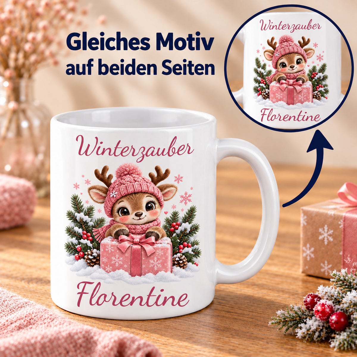 Tasse Rentier mit Namen – Mit Geschenk Rosa – Produktansicht 6, Beispielname Florentine