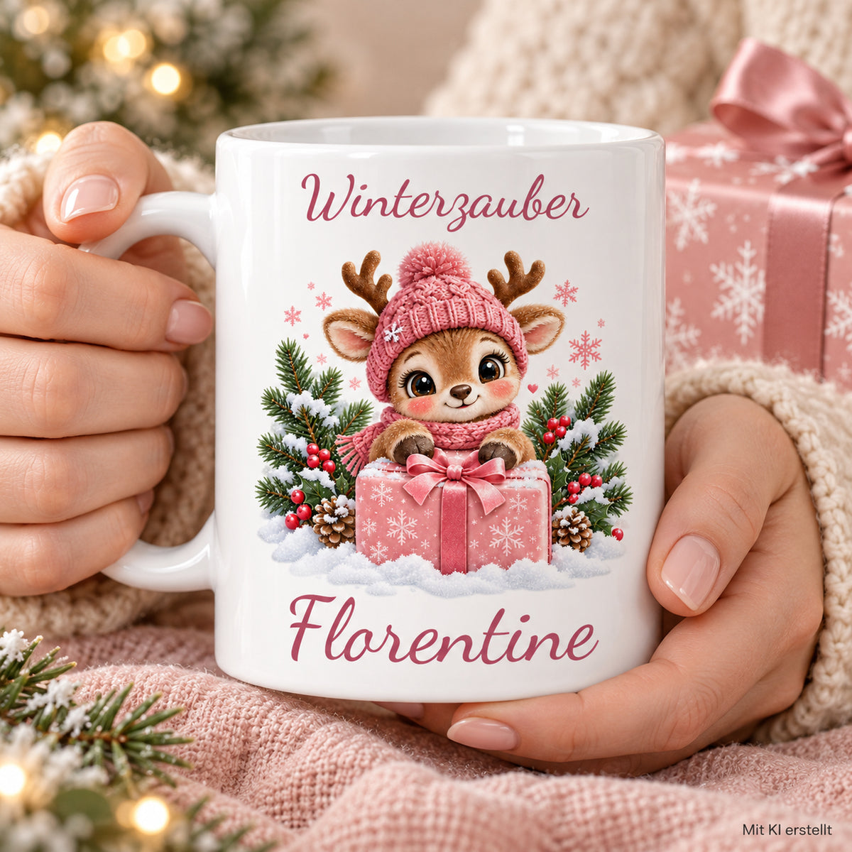 Tasse Rentier mit Namen – Mit Geschenk Rosa – Produktansicht 7, Beispielname Florentine