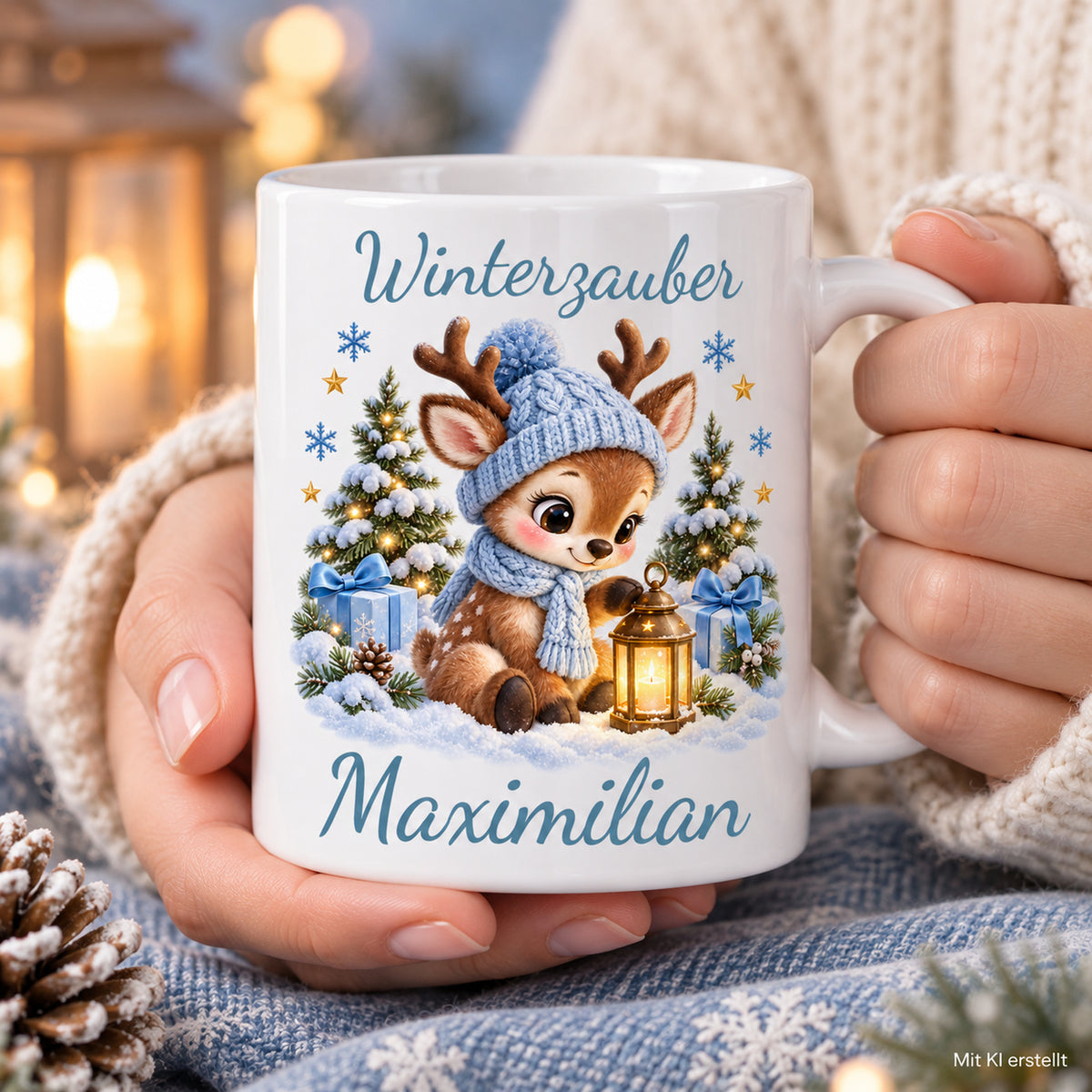 Tasse Rentier mit Namen – Mit Laterne Hellblau – Produktansicht 7, Beispielname Maximilian