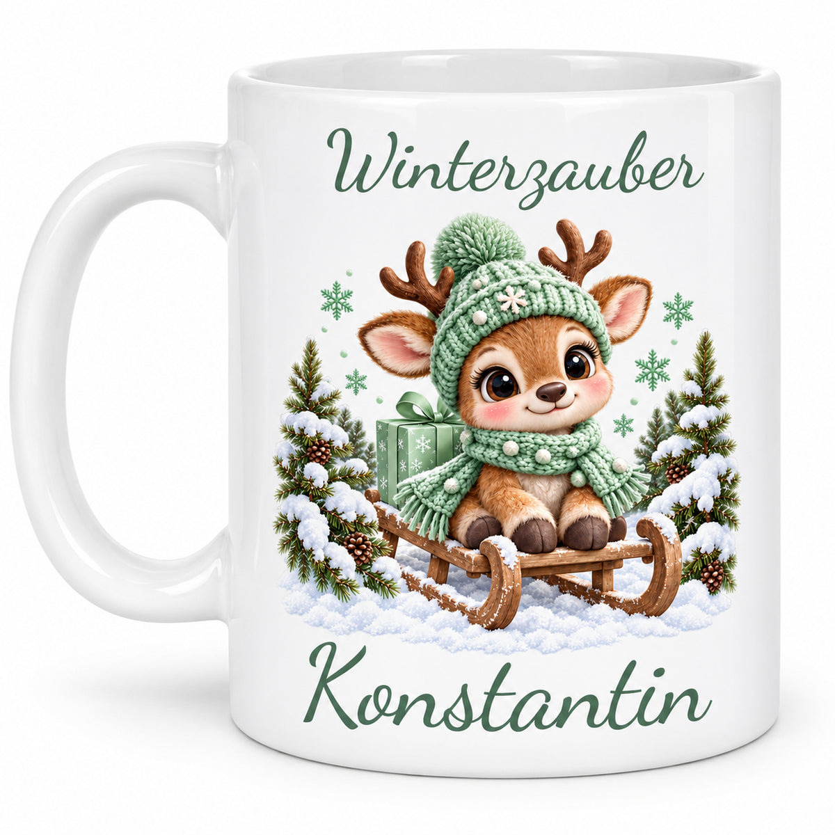 Tasse Rentier mit Namen – Auf Schlitten Mint – Produktansicht 2, Beispielname Konstantin