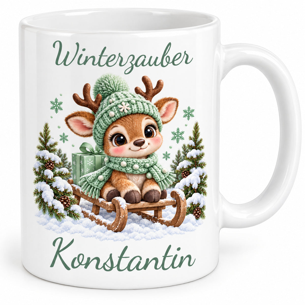 Tasse Rentier mit Namen – Auf Schlitten Mint – Produktansicht 3, Beispielname Konstantin