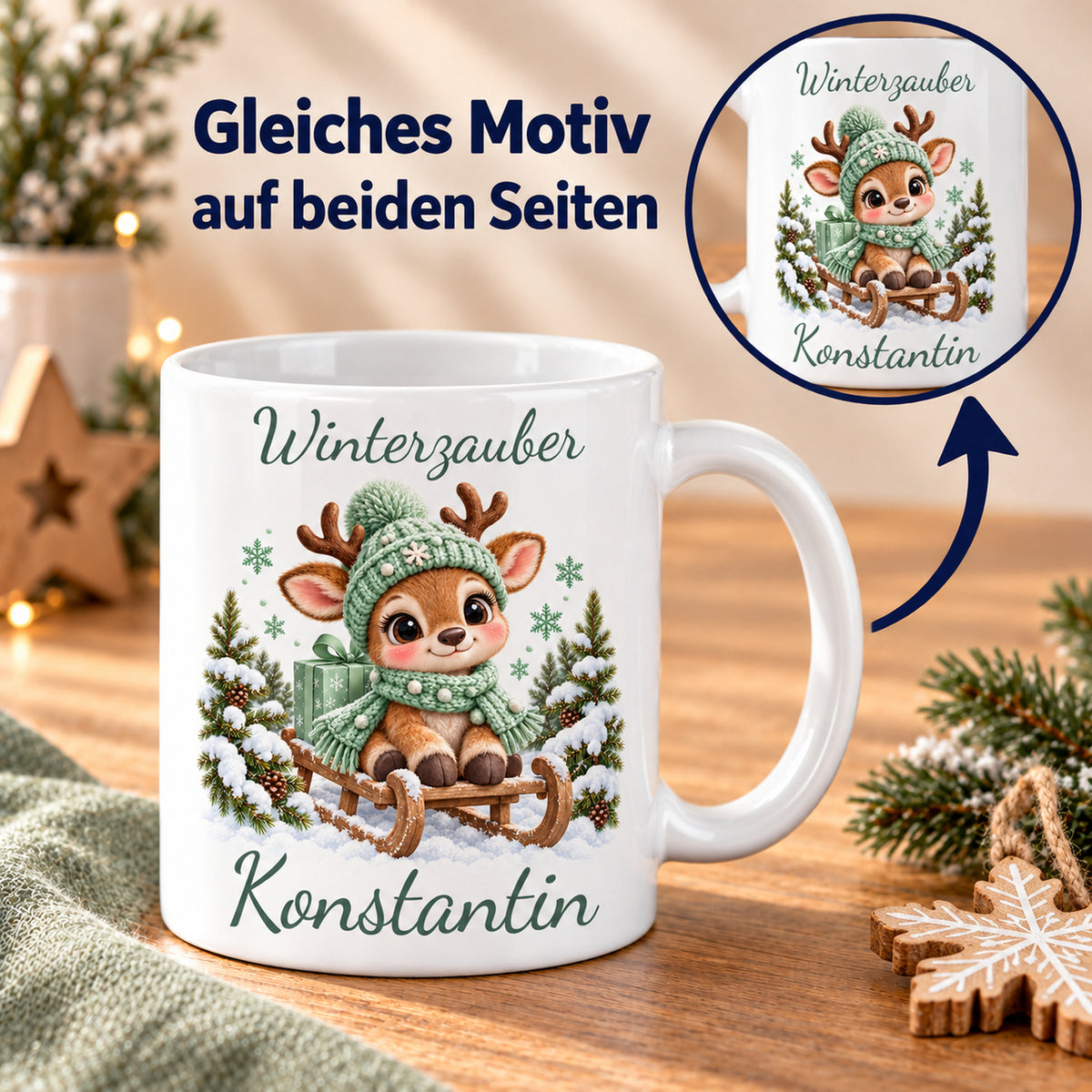 Tasse Rentier mit Namen – Auf Schlitten Mint – Produktansicht 6, Beispielname Konstantin