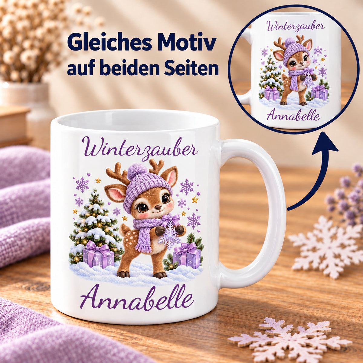 Tasse Rentier mit Namen – Mit Schneeflocke Flieder – Produktansicht 6, Beispielname Annabelle