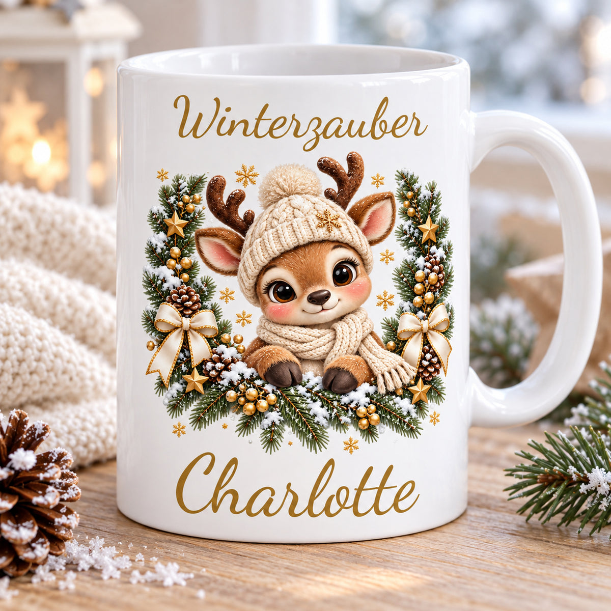 Tasse Rentier mit Namen – Im Winterkranz Creme/Gold – Produktansicht 8, Beispielname Charlotte