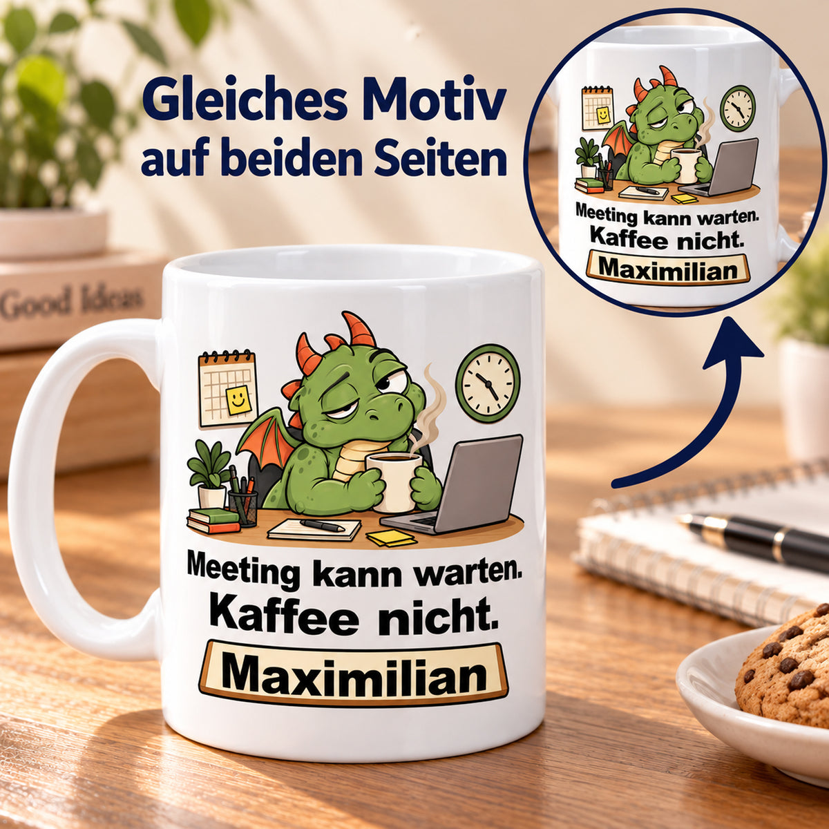 Personalisierte weiße Drachentasse mit Grüner Bürodrache, Spruch „Meeting kann warten. Kaffee nicht.“ und Wunschname – Beidseitiger Druck