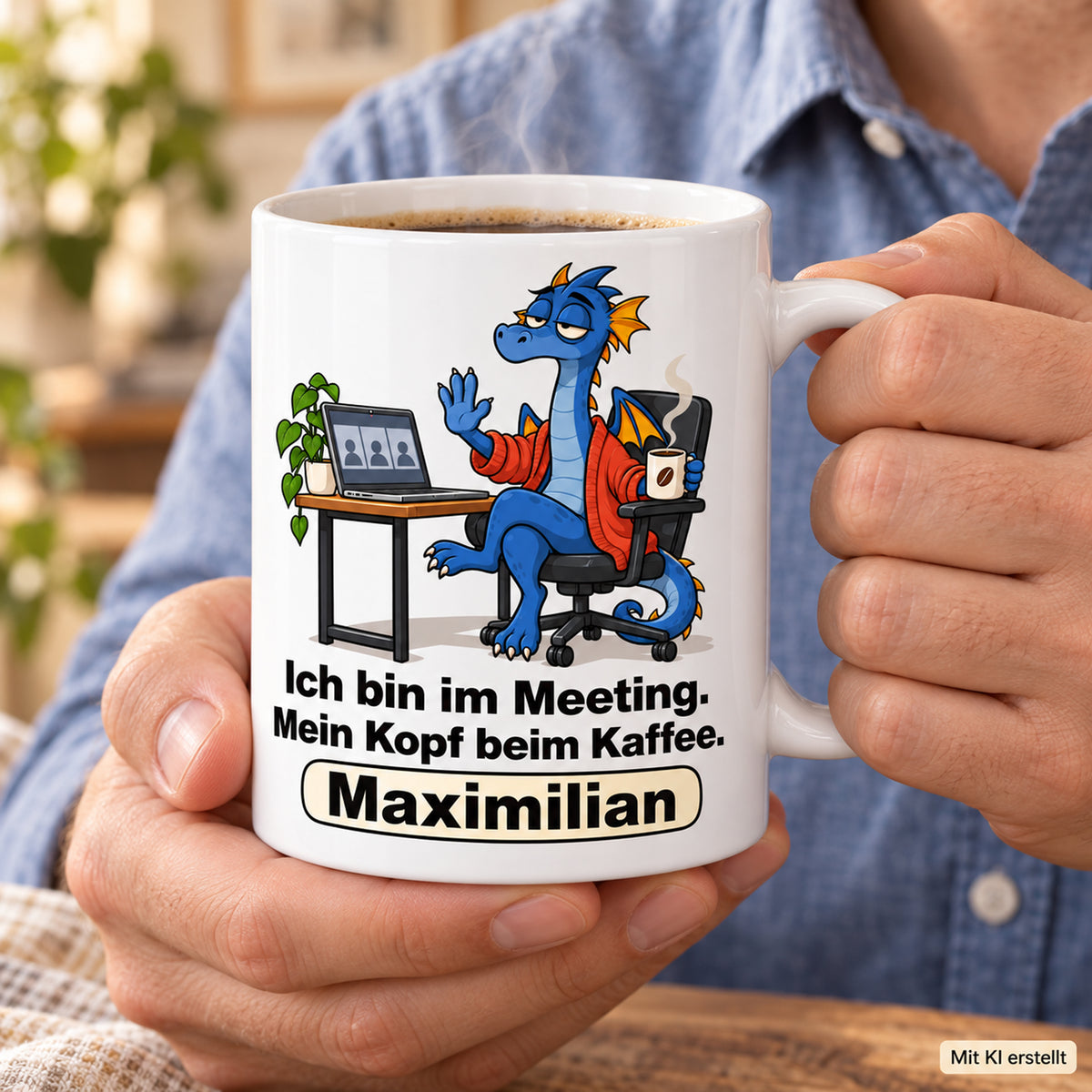Personalisierte weiße Drachentasse mit Blauer Meetingdrache, Spruch „Ich bin im Meeting. Mein Kopf beim Kaffee.“ und Wunschname – Händeszene