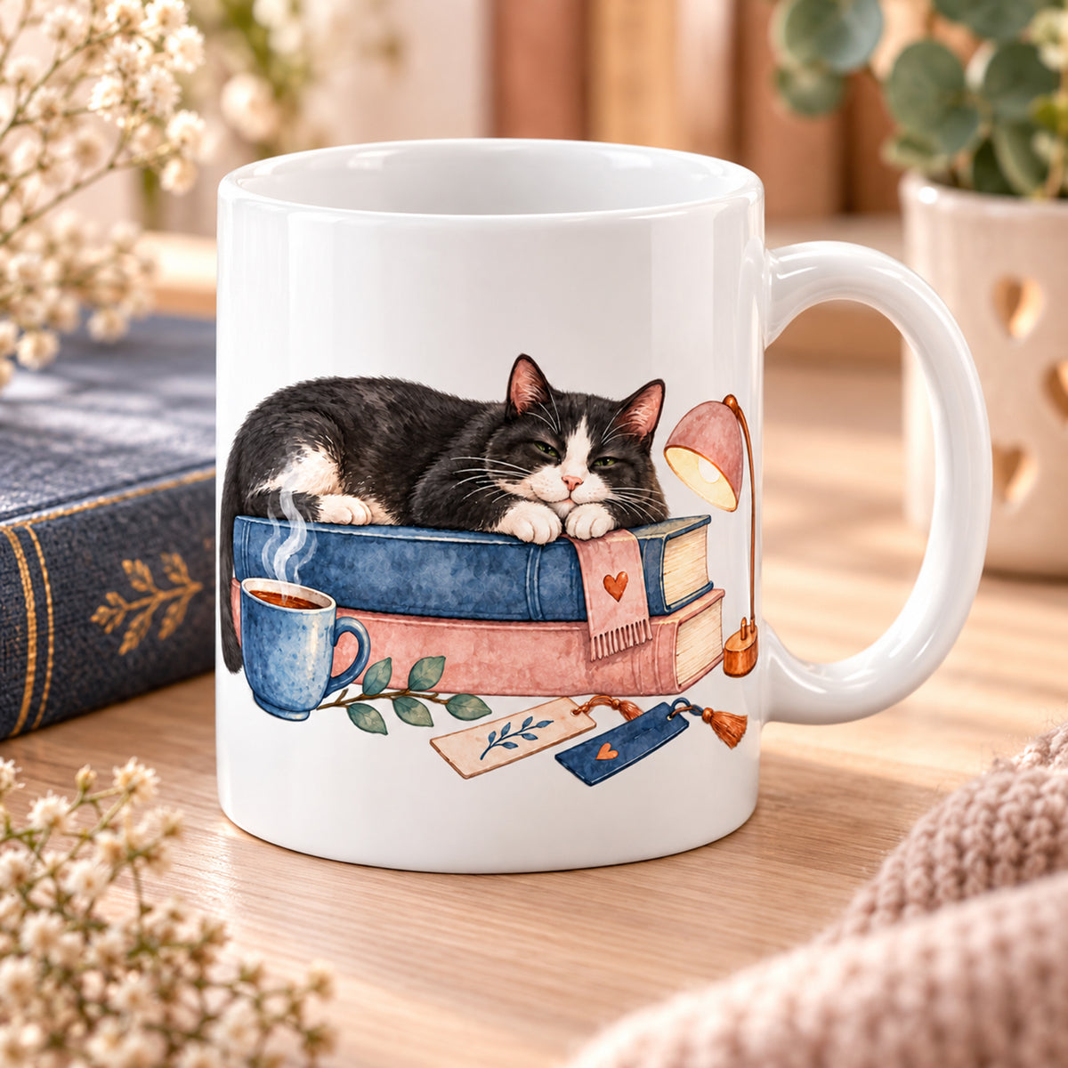Lesetasse mit Name – Leseauszeit, Katze & Bücher, 330 ml – Bild 3