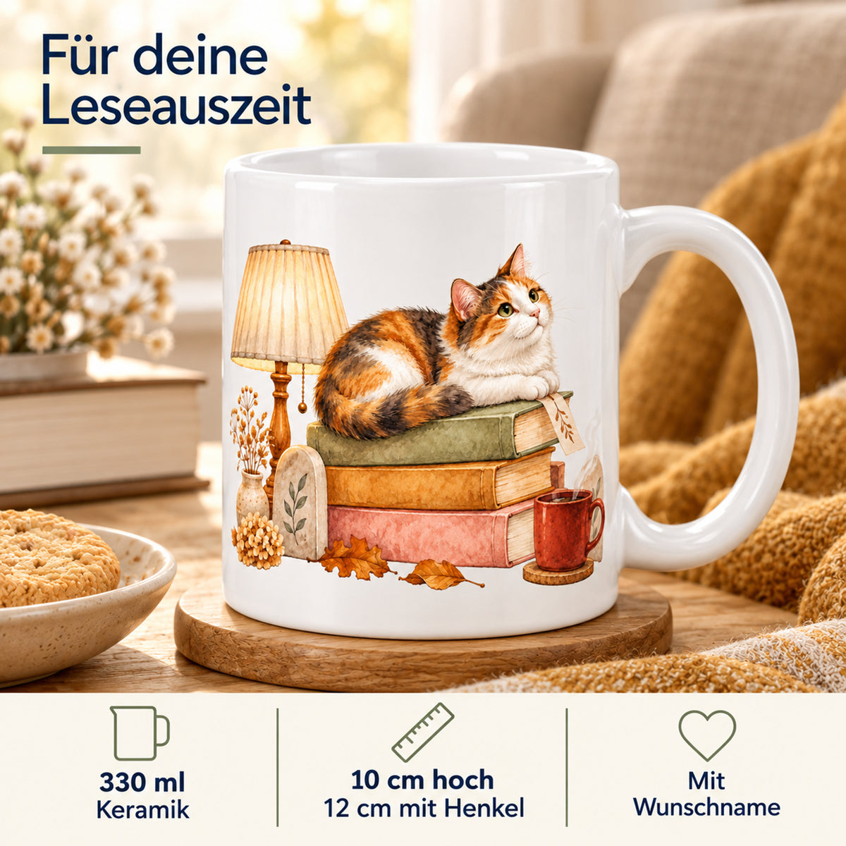 Lesetasse mit Name – Gemütlicher Bücherabend, Katze & Bücher, 330 ml – Bild 4
