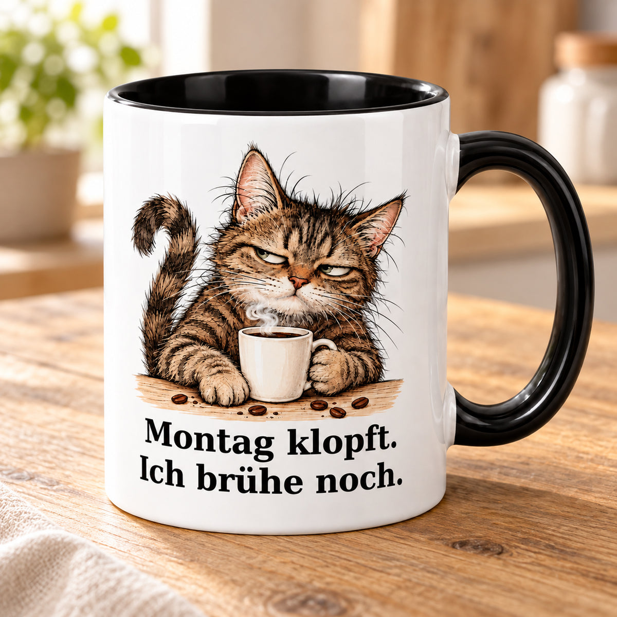 Montag vor der Tür – Schrägansicht: weiße Katzentasse mit schwarzem Henkel und Kaffeespruch